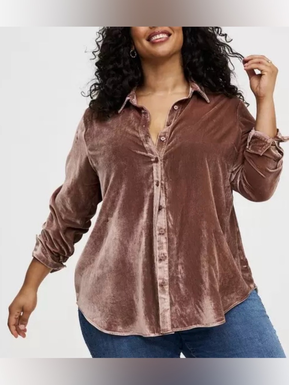 torrid Velvet Button-Down Shirt in Mauve Brown size 00/m/10